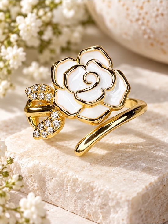 Jewelry - White Enamel Rose Wrap Ring Gold Tone CZ Floral Adjustable Statement Ring